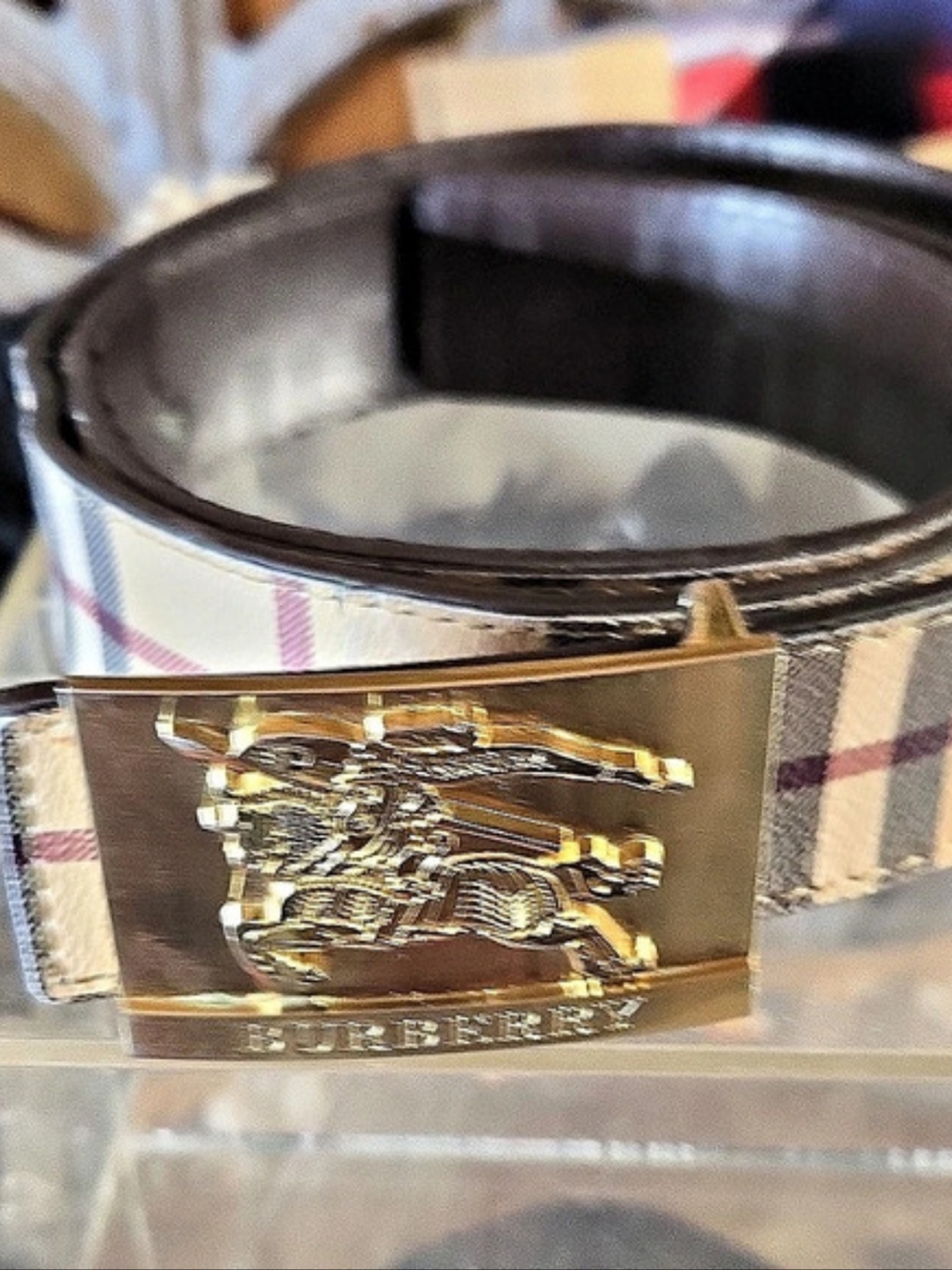 Burberry Vintage Check Gold Buckle Belt in Beige & Brown